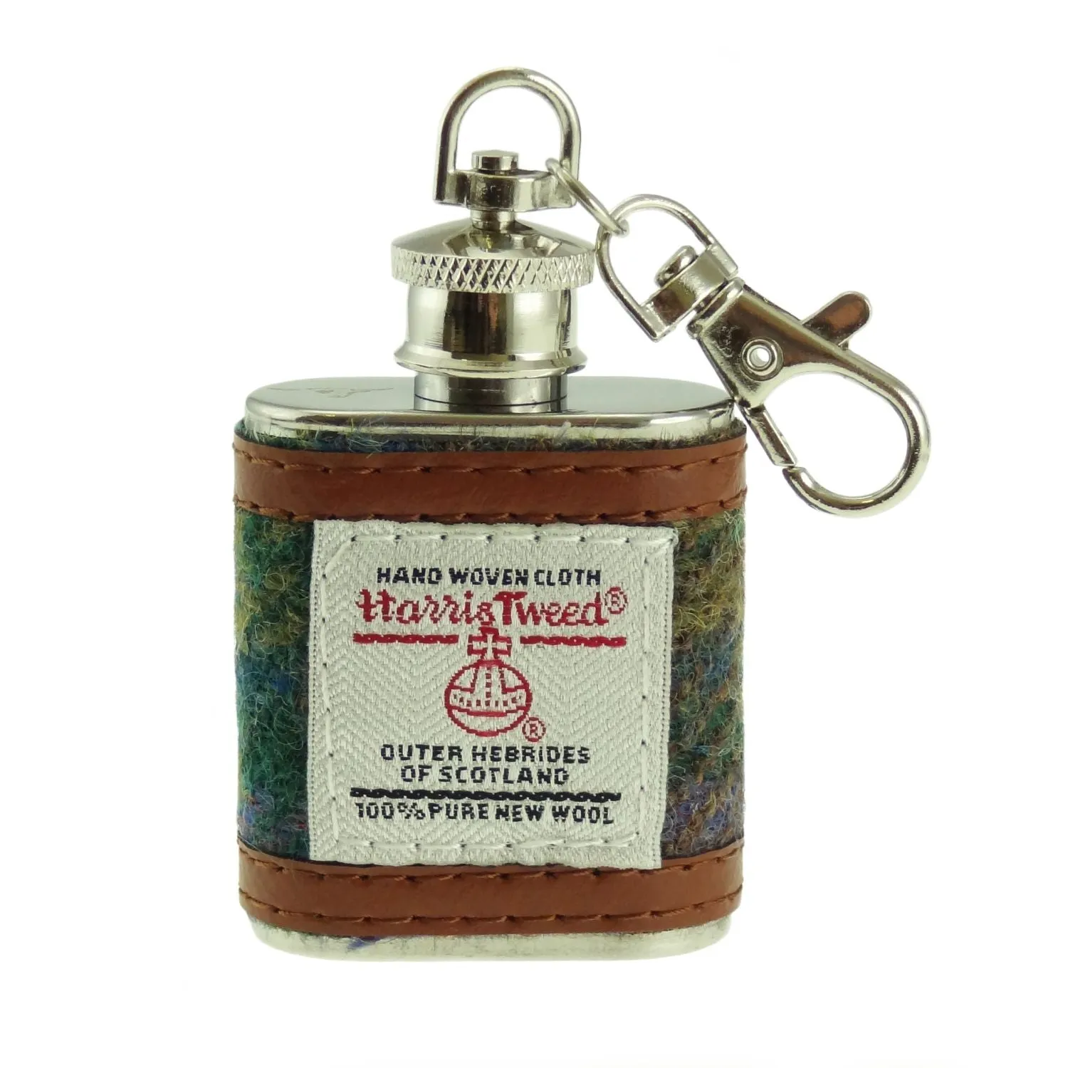 1oz Hip Flask Keyring with Harris Tweed