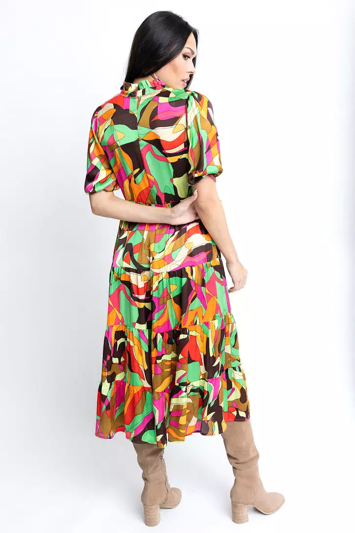 Abstract Satin Tier Maxi Dress