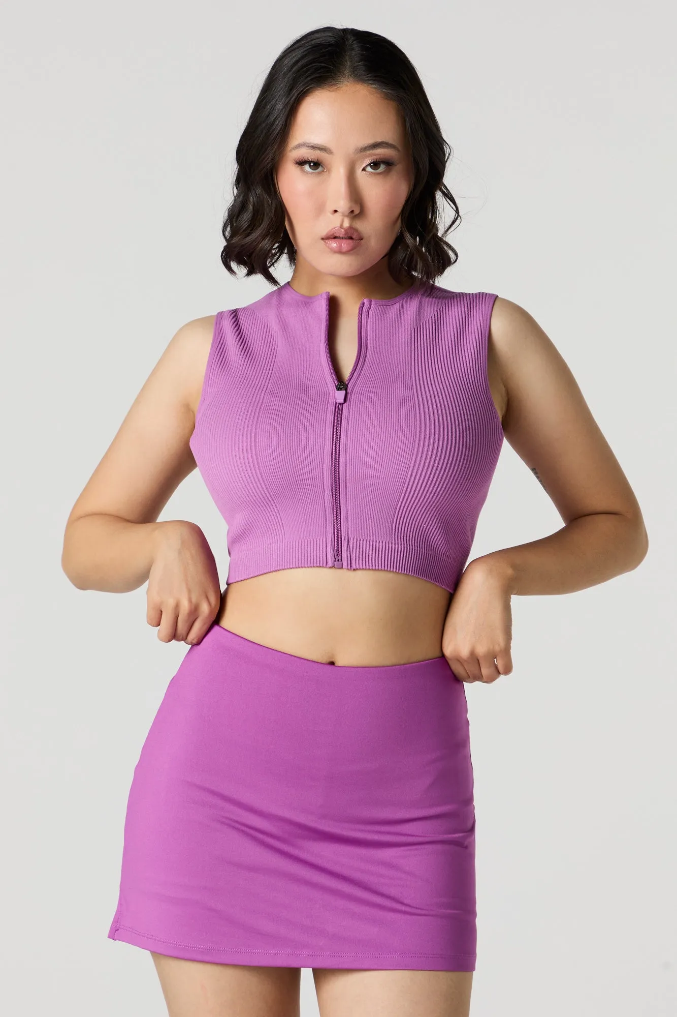 Active Seamless Ribbed Sleeveless Zip-Up Crop Top