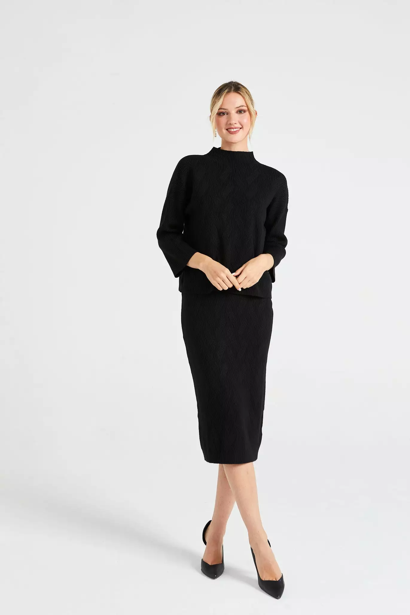 Angeleye Turtle Neck Knitted Pattern Jumper & Midi Skirt