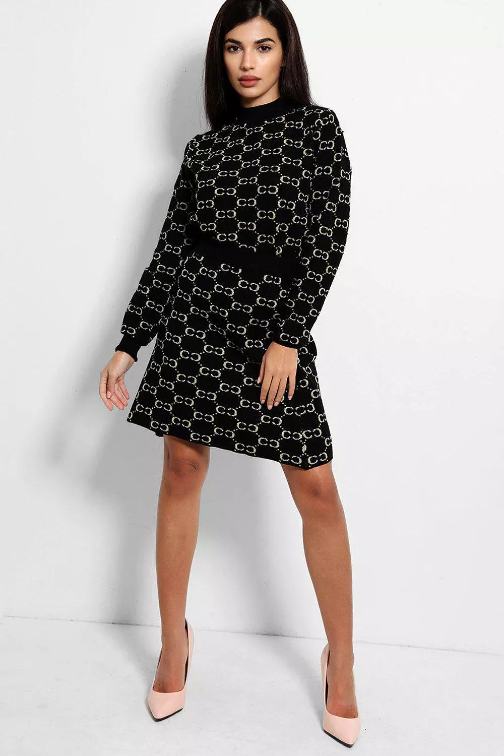 Black Lurex Chain Print Soft Knit Skirt And Pullover Set