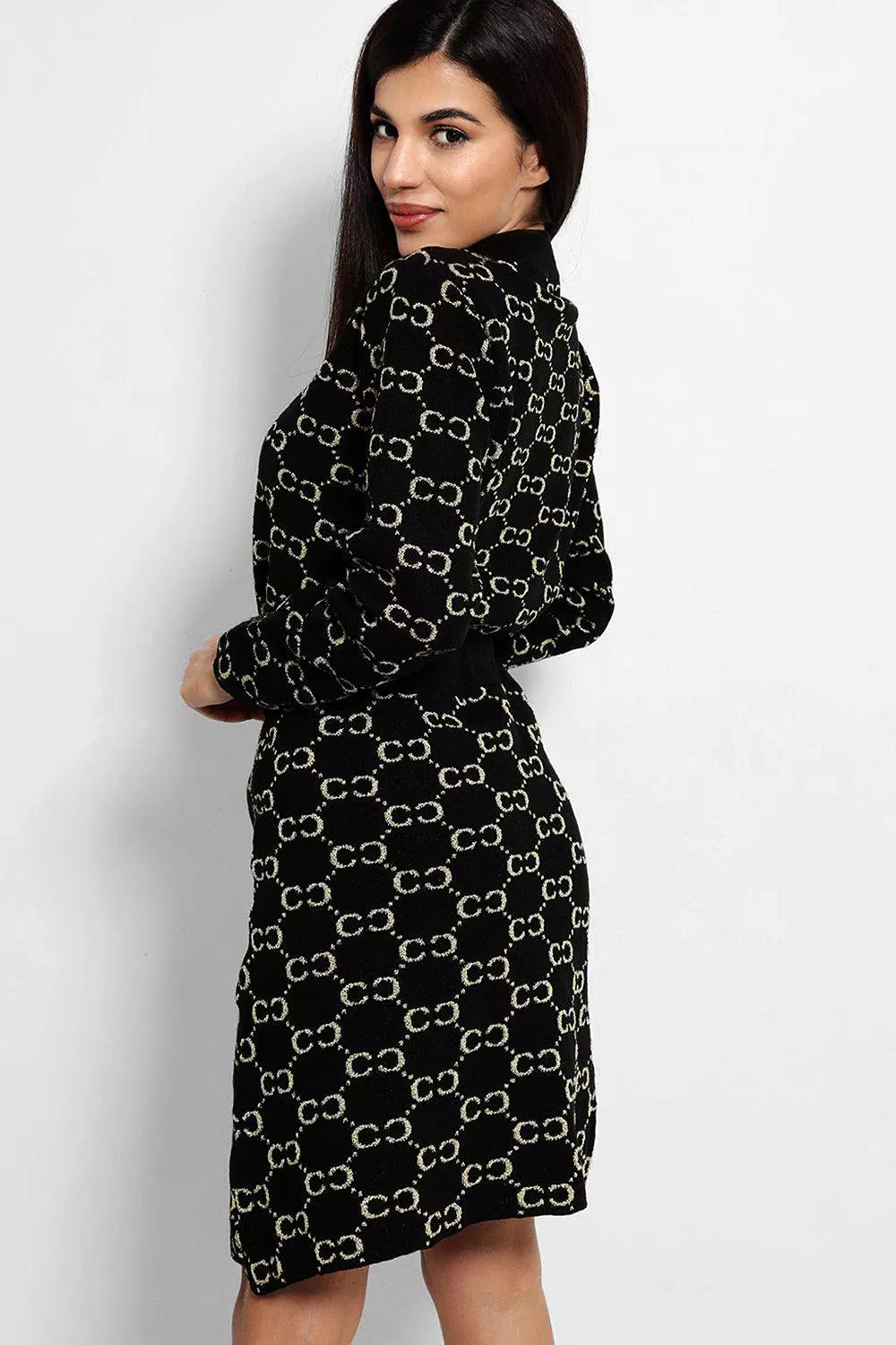 Black Lurex Chain Print Soft Knit Skirt And Pullover Set