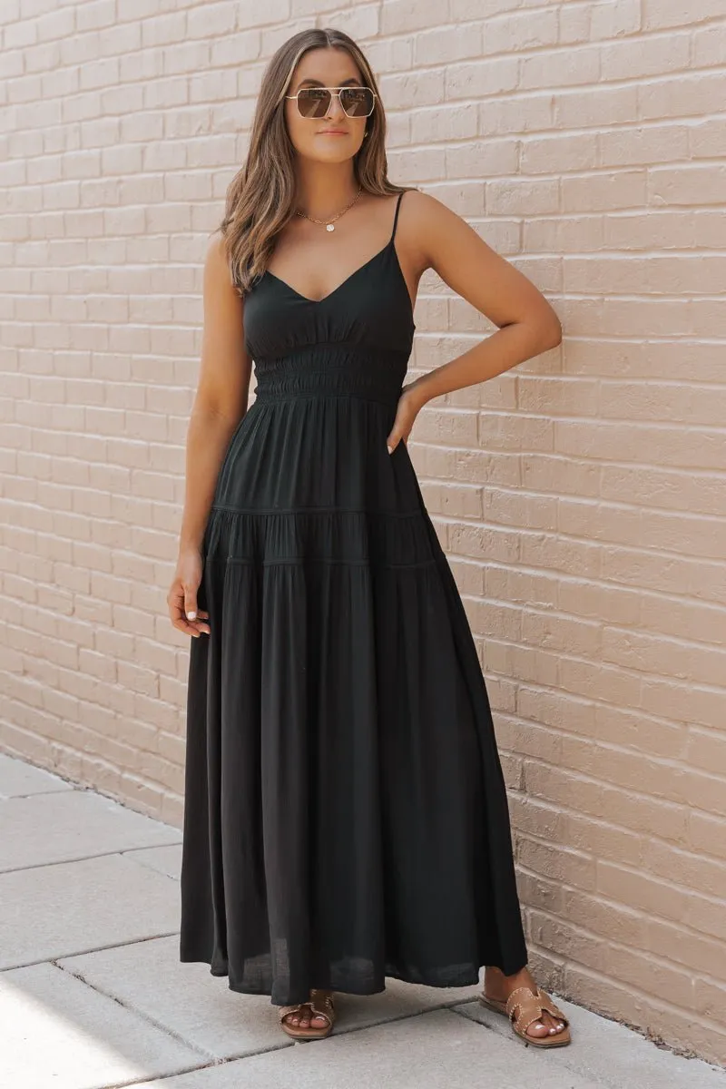 Black Shirred Waist Tiered Maxi Dress - FINAL SALE