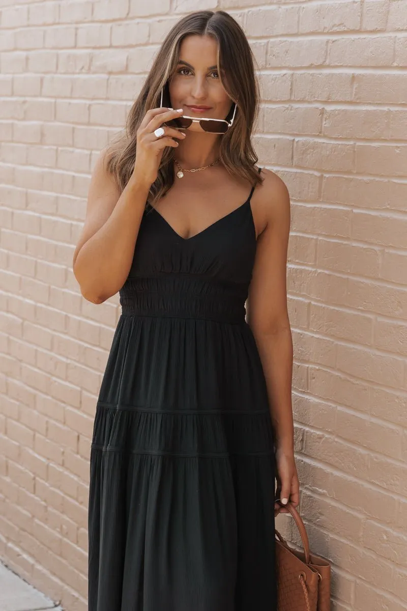 Black Shirred Waist Tiered Maxi Dress - FINAL SALE