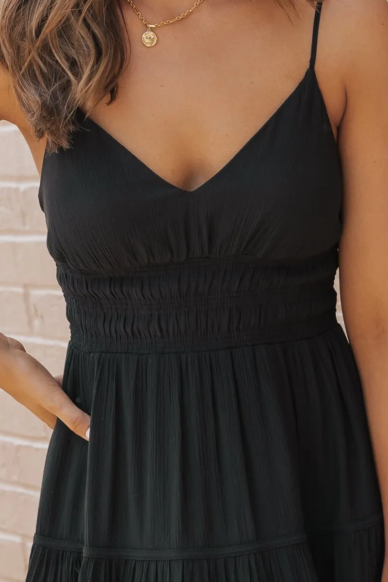 Black Shirred Waist Tiered Maxi Dress - FINAL SALE