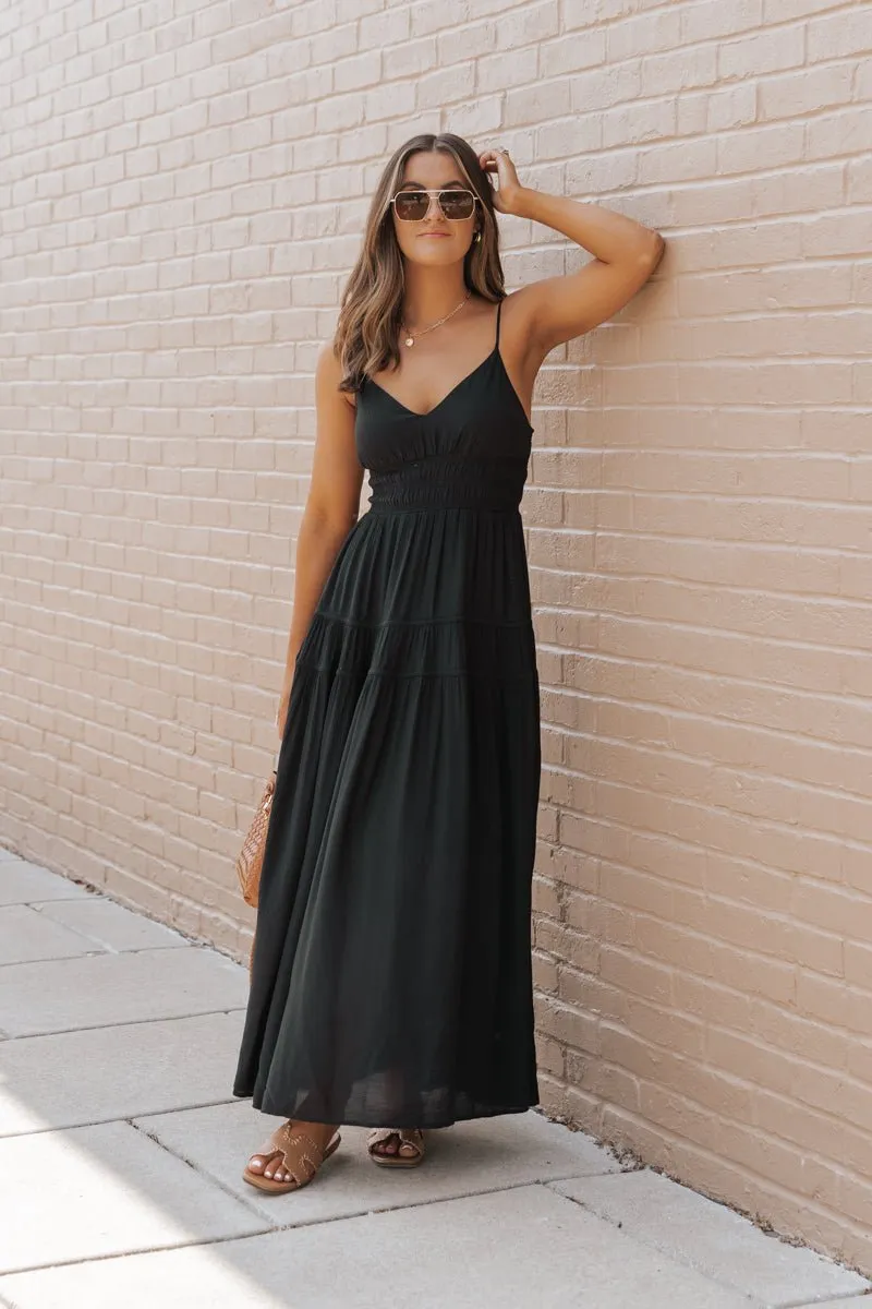 Black Shirred Waist Tiered Maxi Dress - FINAL SALE