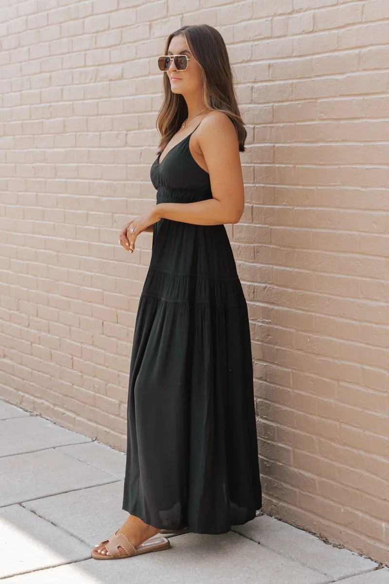 Black Shirred Waist Tiered Maxi Dress - FINAL SALE