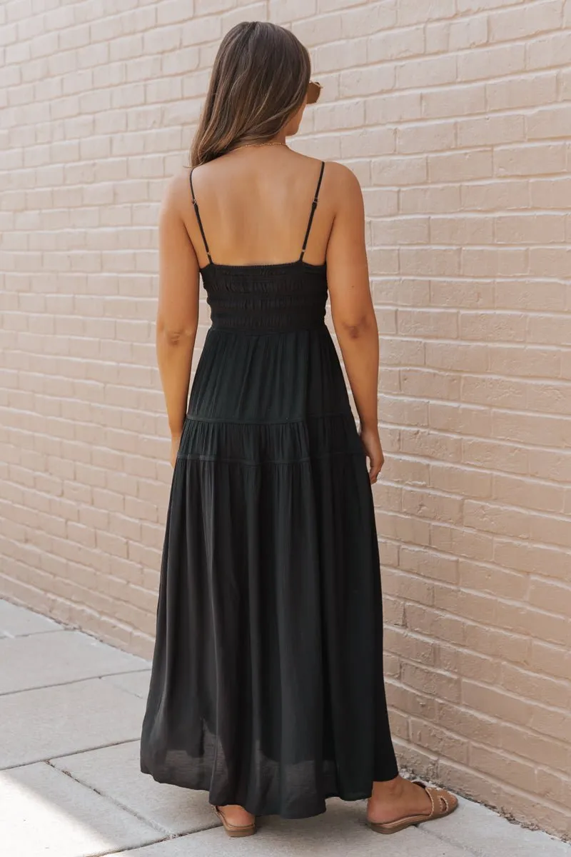 Black Shirred Waist Tiered Maxi Dress - FINAL SALE