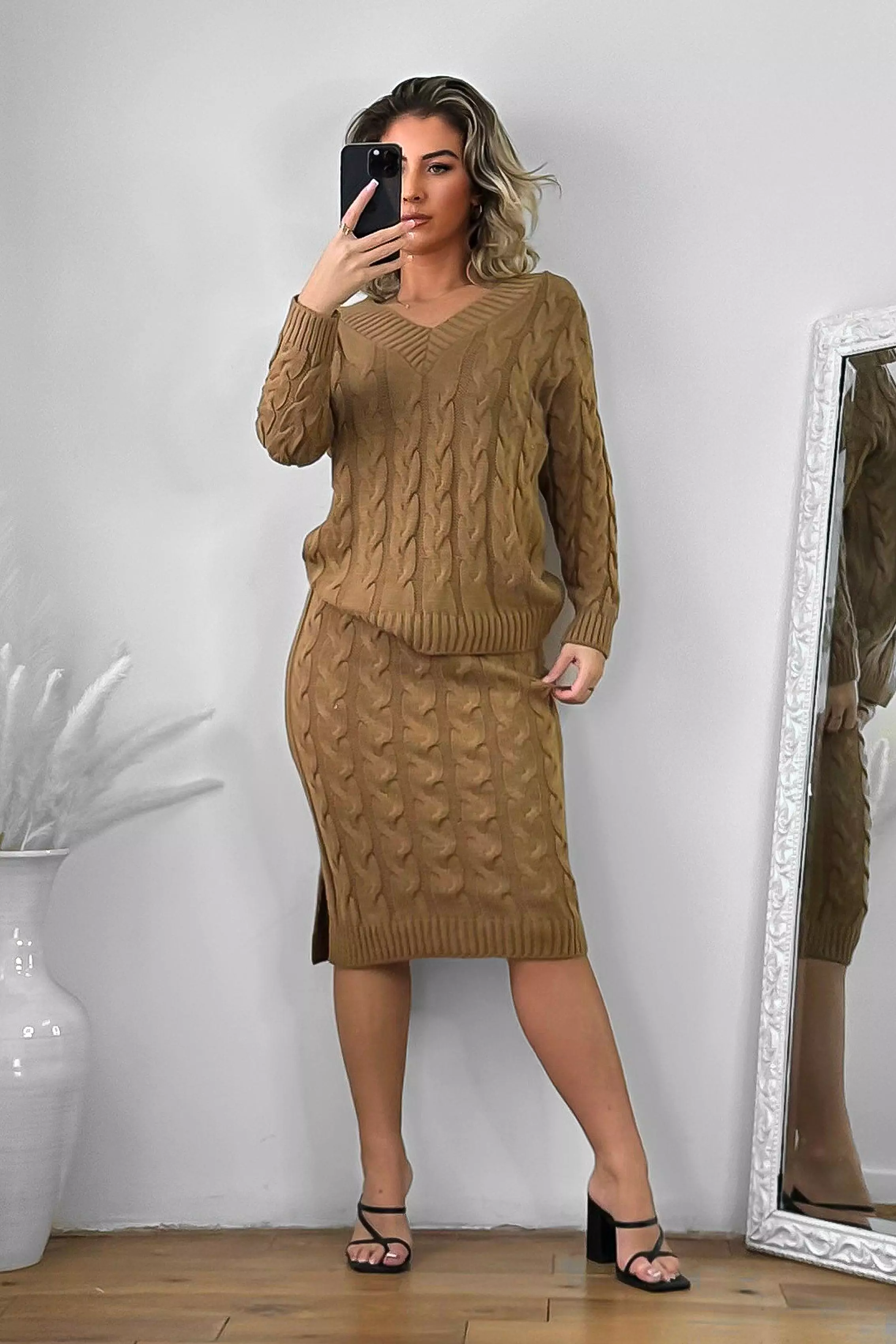 Braided Knit Skirt And Pullover Set