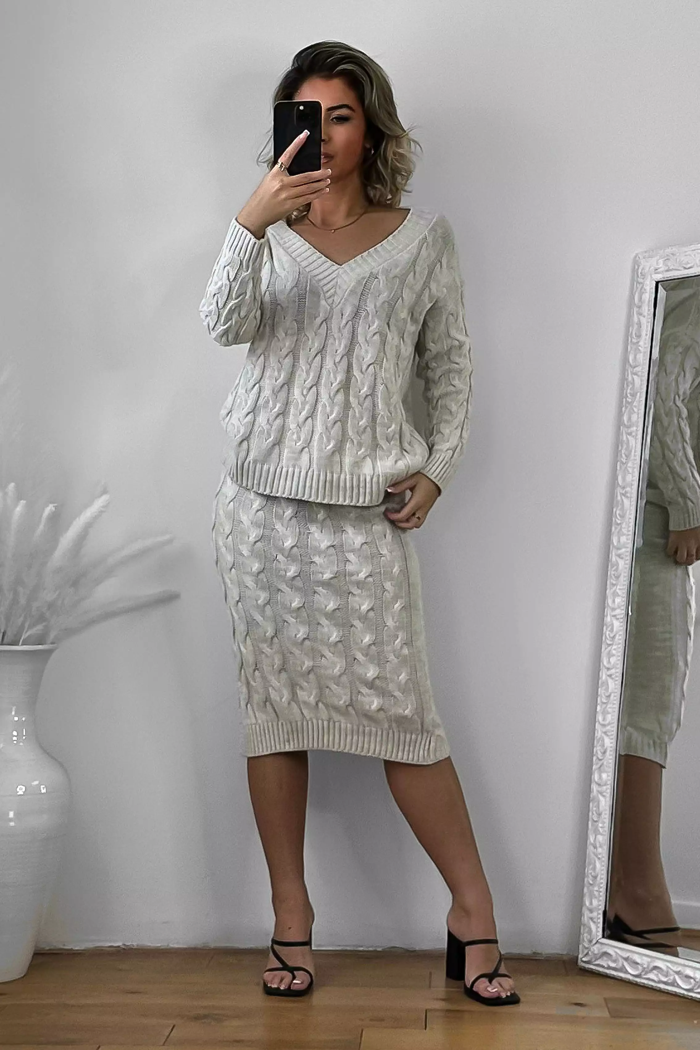 Braided Knit Skirt And Pullover Set