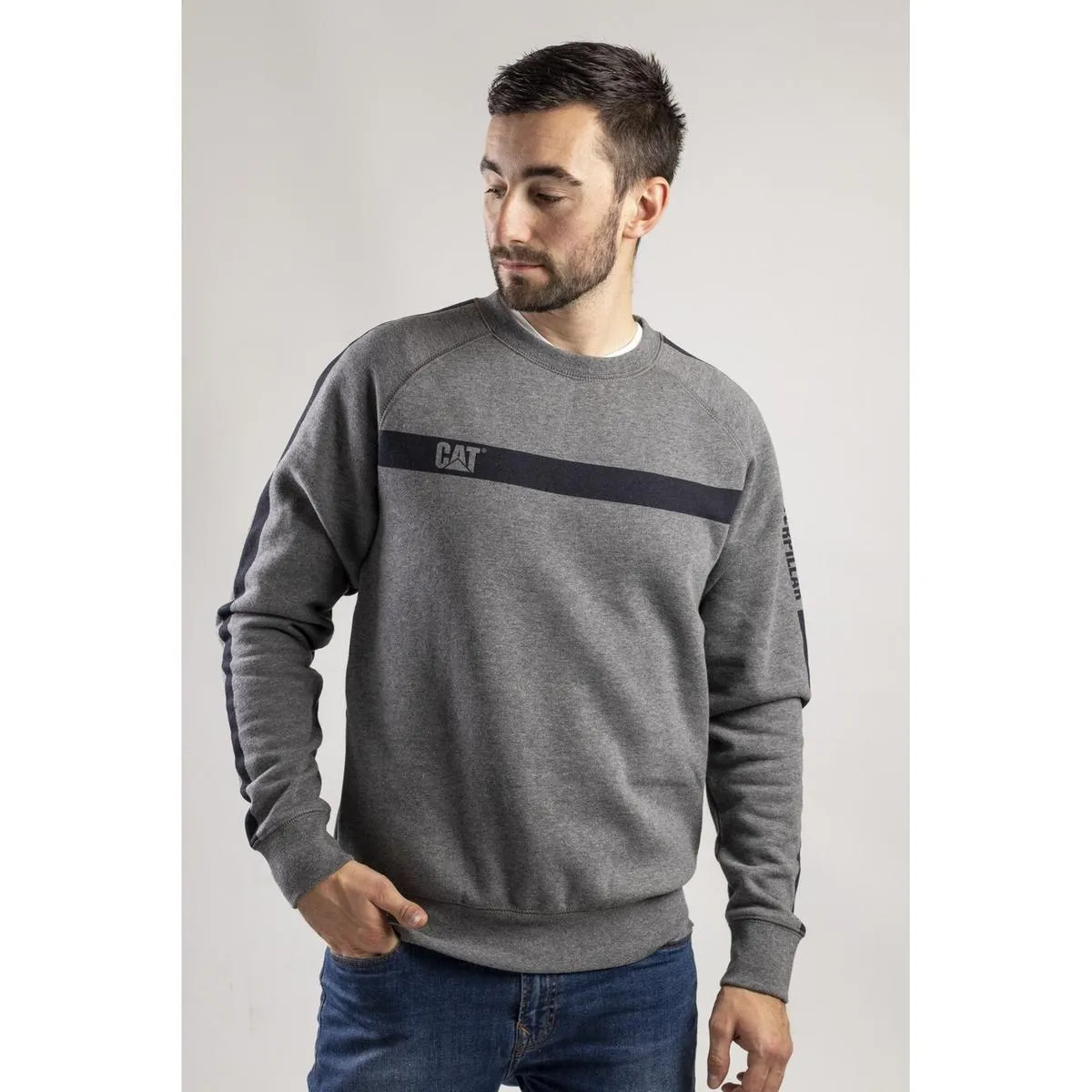 Caterpillar Icon Stripe Crew Neck Sweater Dark Heather