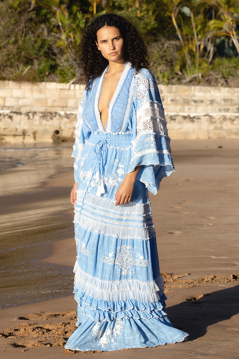 Charm Your Way - Embroidered maxi dress/duster - Rosey Tea in Cornflower Blue