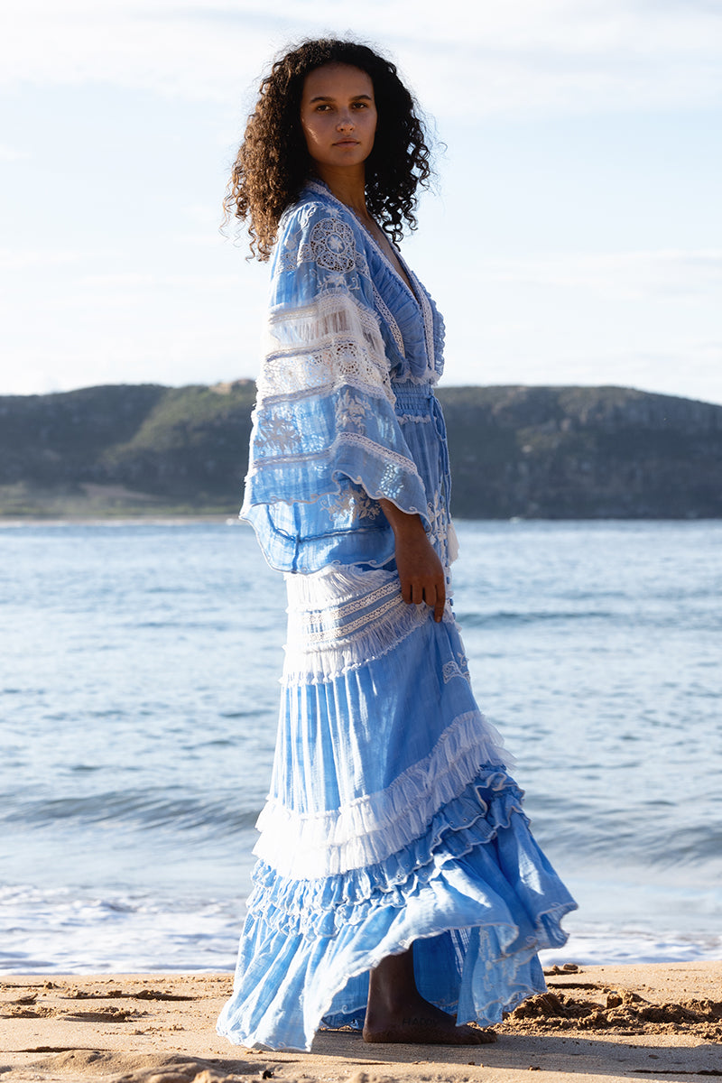 Charm Your Way - Embroidered maxi dress/duster - Rosey Tea in Cornflower Blue