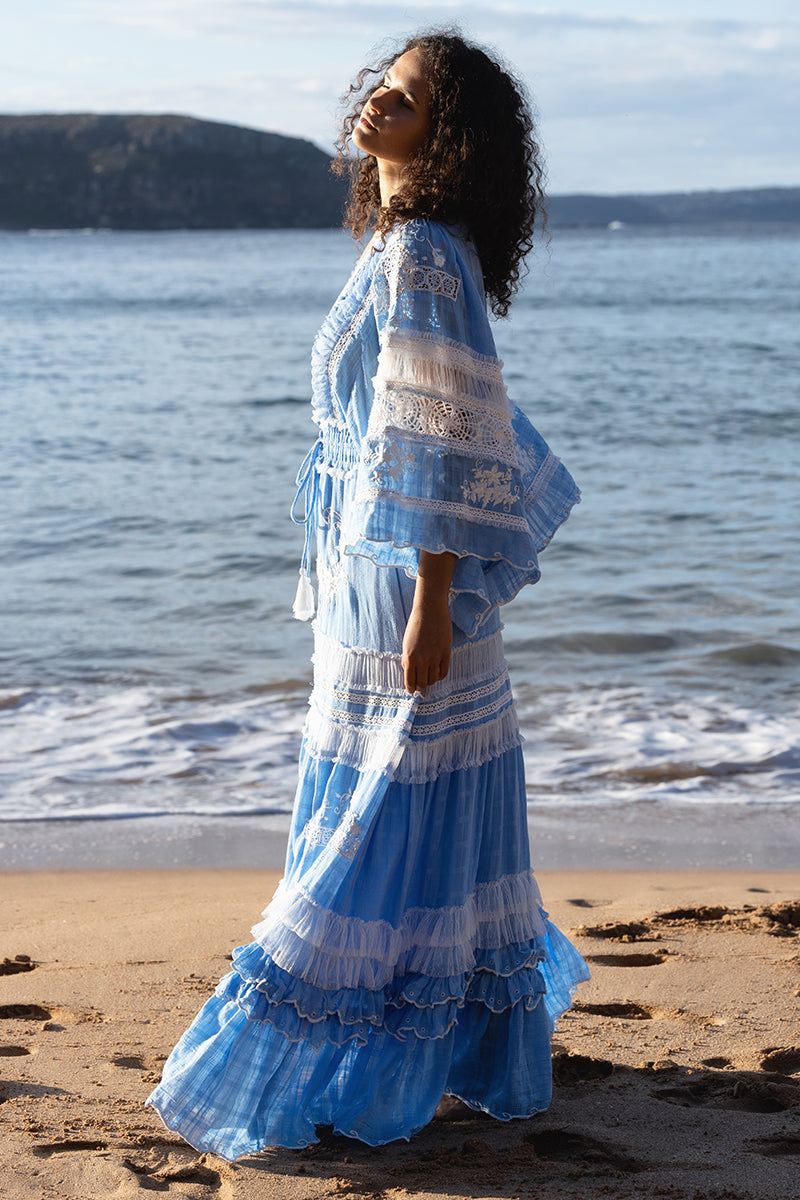 Charm Your Way - Embroidered maxi dress/duster - Rosey Tea in Cornflower Blue