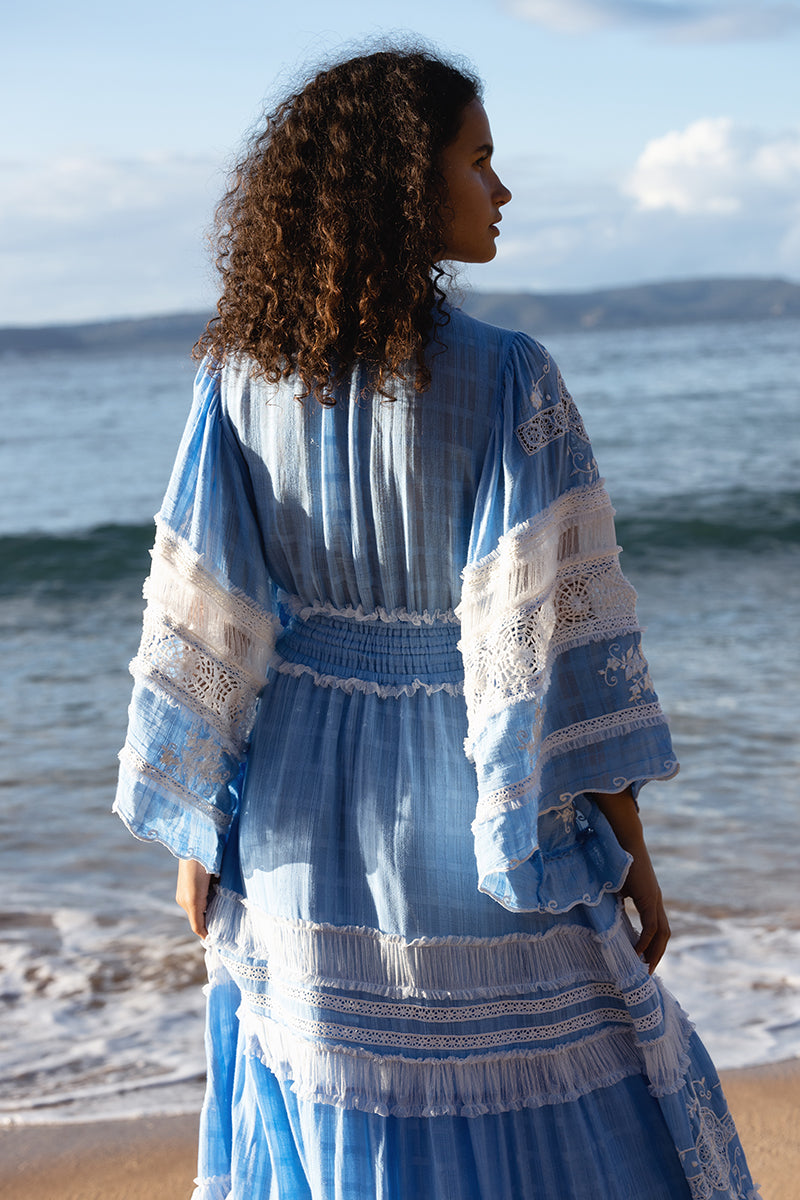 Charm Your Way - Embroidered maxi dress/duster - Rosey Tea in Cornflower Blue