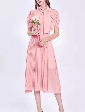 Chiffon Pleated Skirt Stand Collar Midi Dress