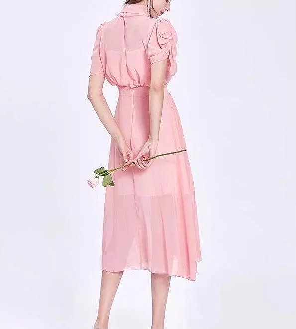 Chiffon Pleated Skirt Stand Collar Midi Dress