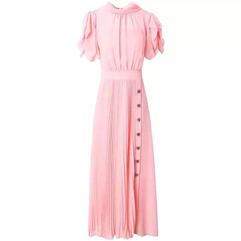 Chiffon Pleated Skirt Stand Collar Midi Dress