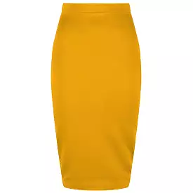 Classic Stretch Honey Yellow Pencil Bodycon Midi Office Work Skirt