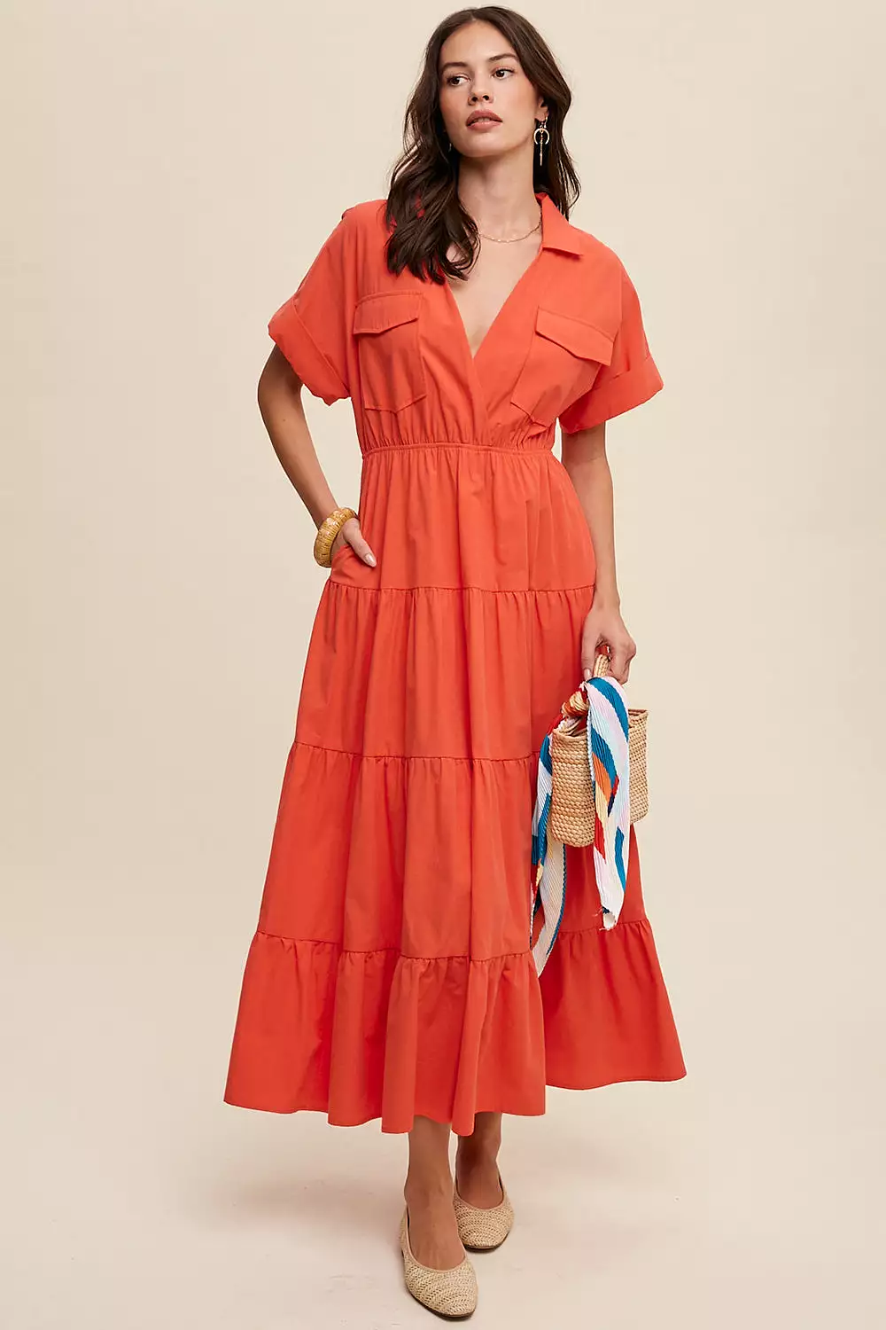 Collared Surplice Neckline Poplin Maxi Dress