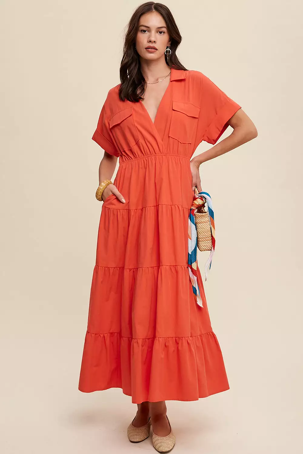 Collared Surplice Neckline Poplin Maxi Dress