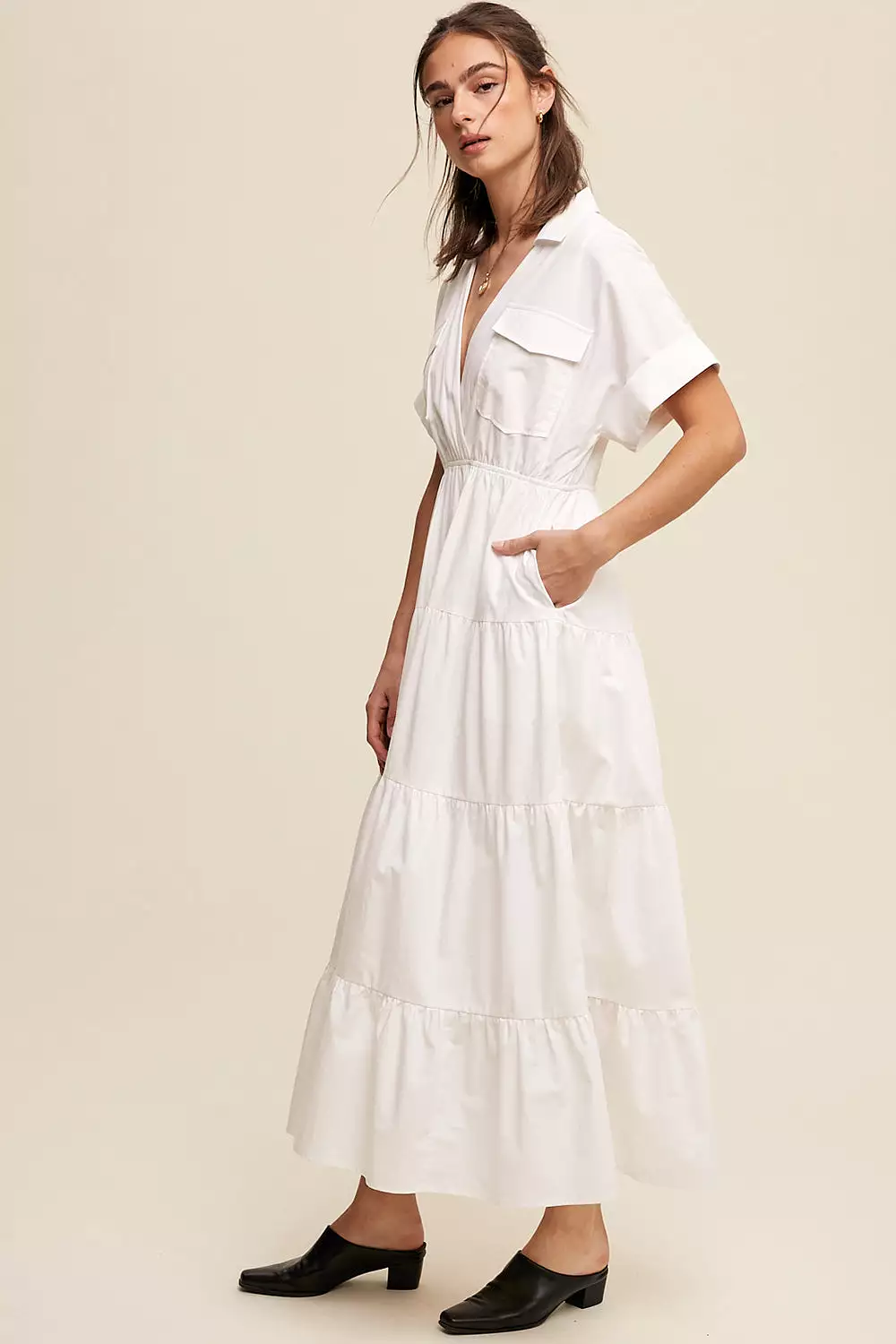 Collared Surplice Neckline Poplin Maxi Dress