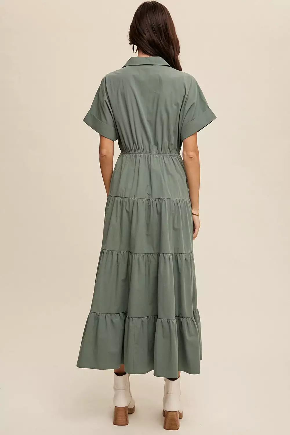 Collared Surplice Neckline Poplin Maxi Dress