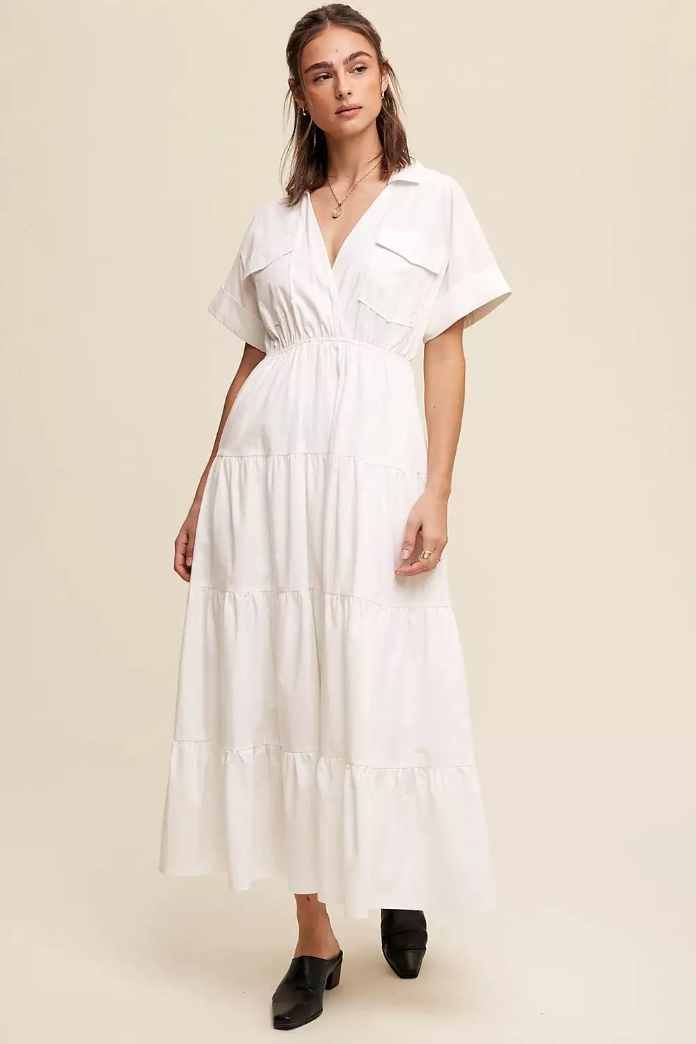 Collared Surplice Neckline Poplin Maxi Dress