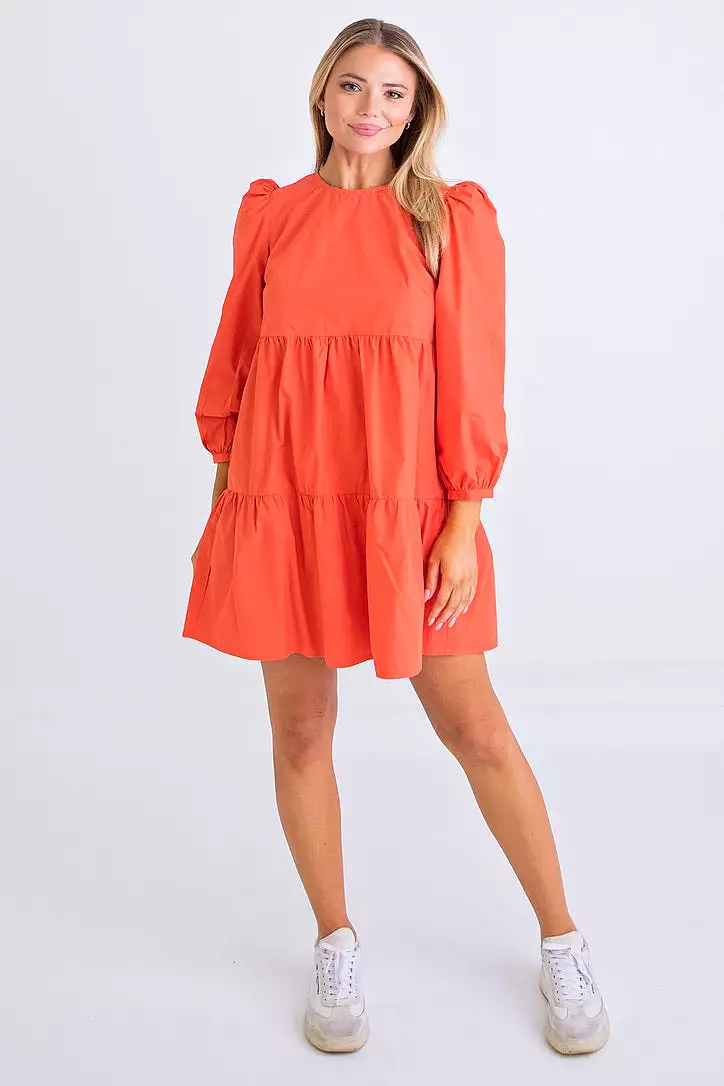 Coral Poplin Long Sleeve Dress