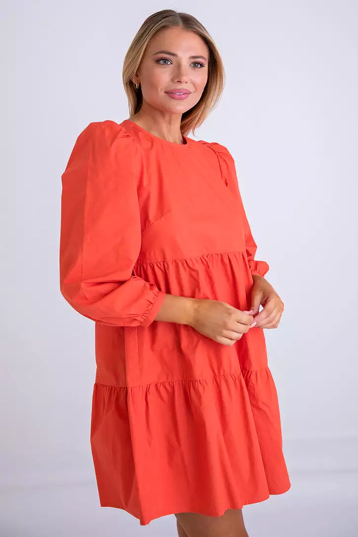 Coral Poplin Long Sleeve Dress