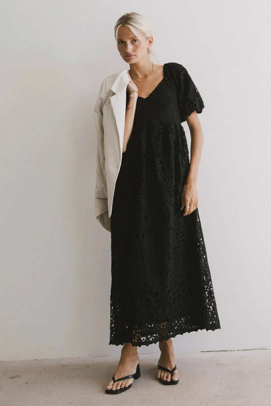 Devon Eyelet Lace Maxi Dress in Black