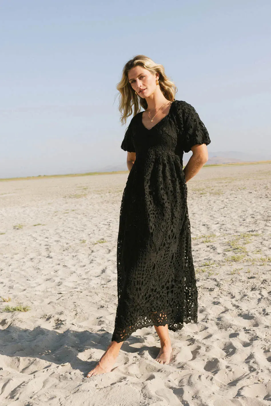 Devon Eyelet Lace Maxi Dress in Black