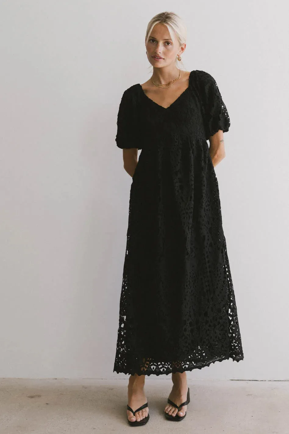 Devon Eyelet Lace Maxi Dress in Black