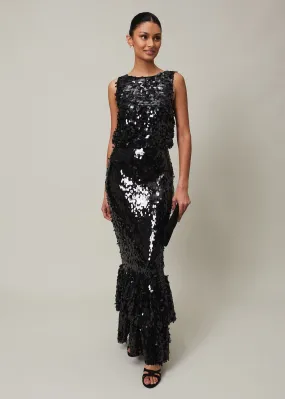 Elena Black Sequin Tiered Maxi Dress