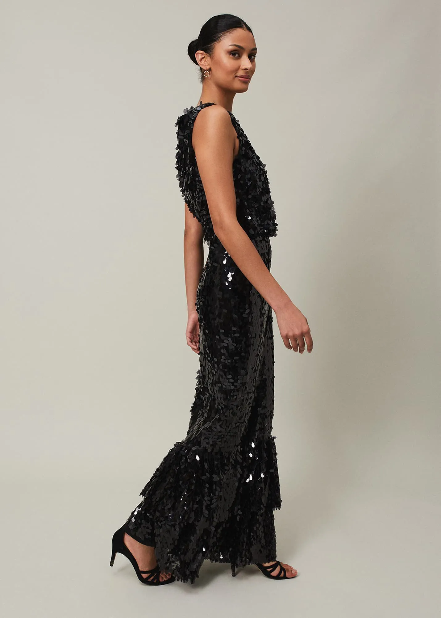 Elena Black Sequin Tiered Maxi Dress