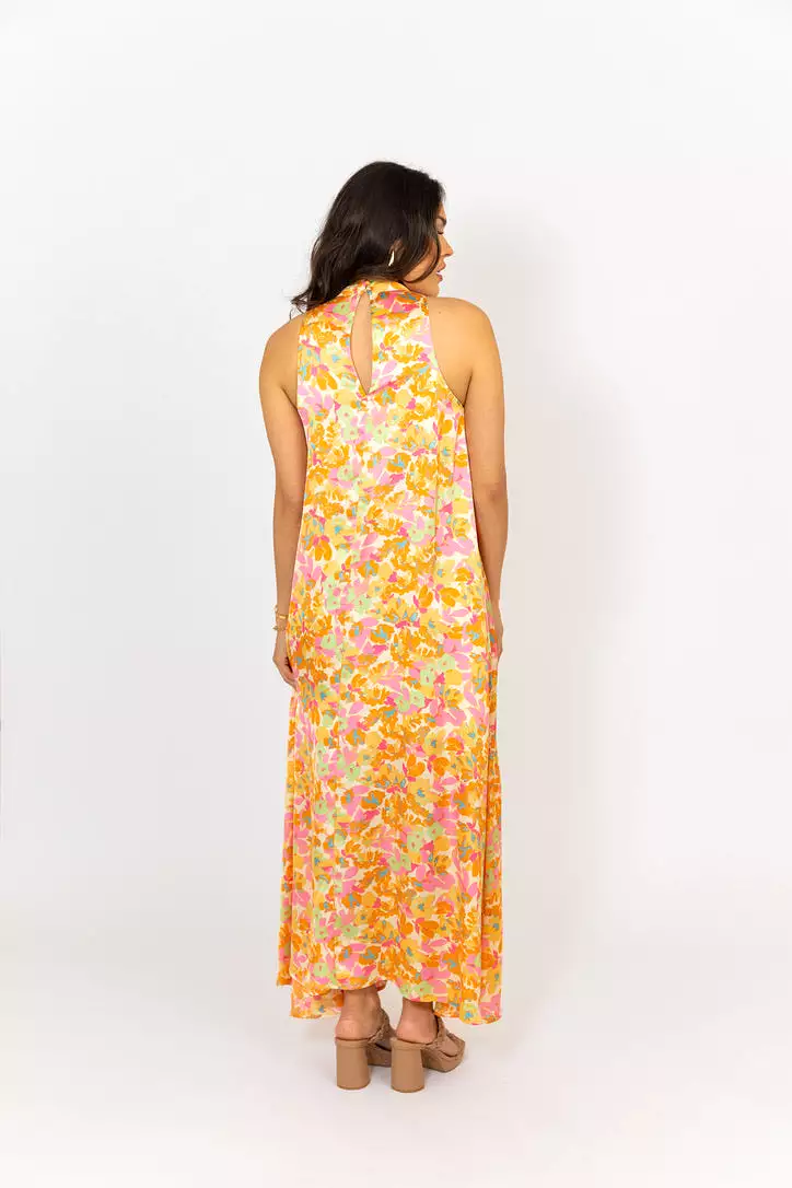 Floral Satin Halter Maxi Dress