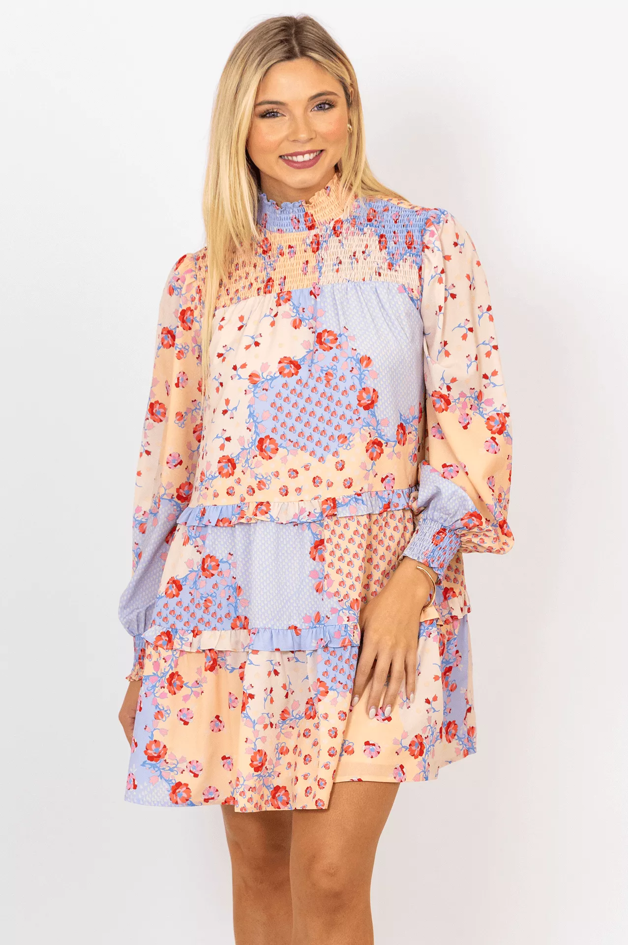 Floral Smock Neck Tier Dress