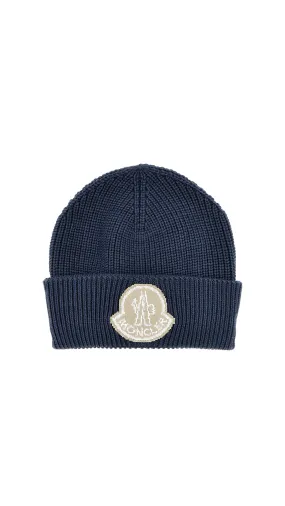 Fold Over Ribbed Wool Beanie - Blue