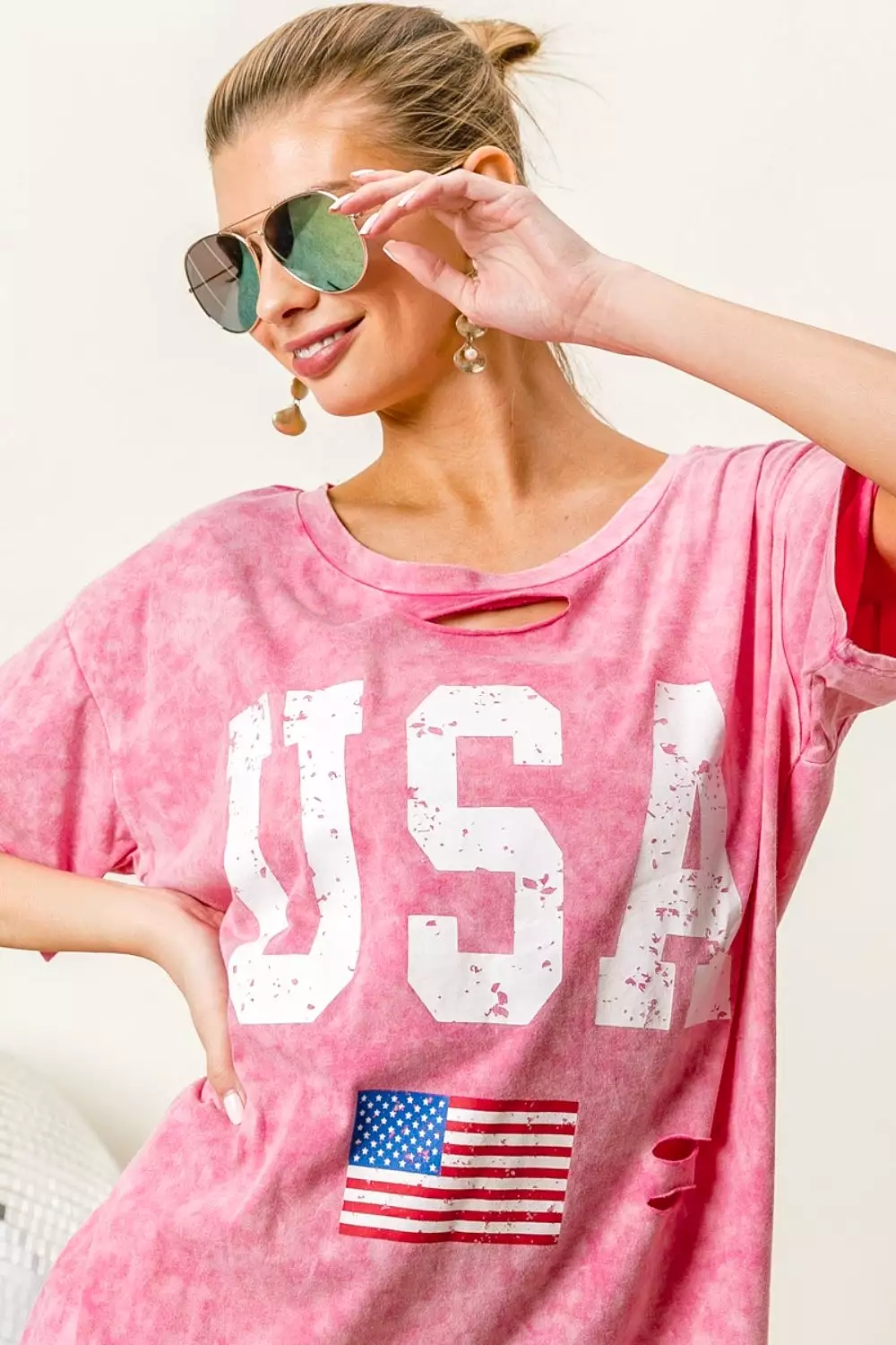 Fuchsia Washed American Flag Graphic Distressed T-Shirt