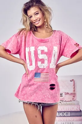 Fuchsia Washed American Flag Graphic Distressed T-Shirt