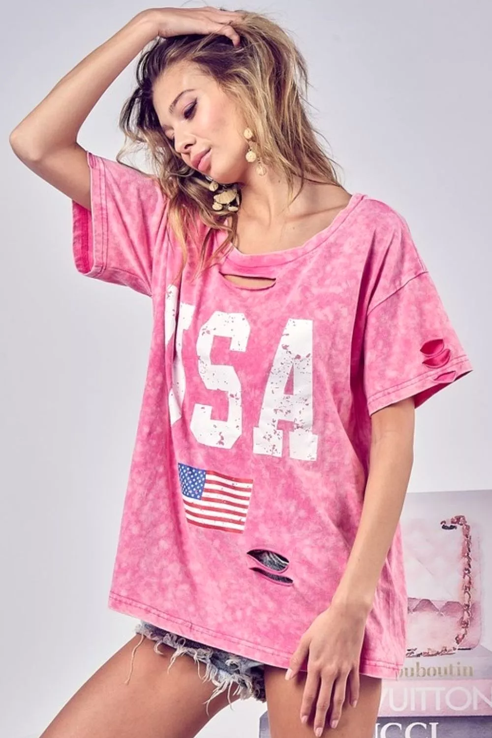 Fuchsia Washed American Flag Graphic Distressed T-Shirt