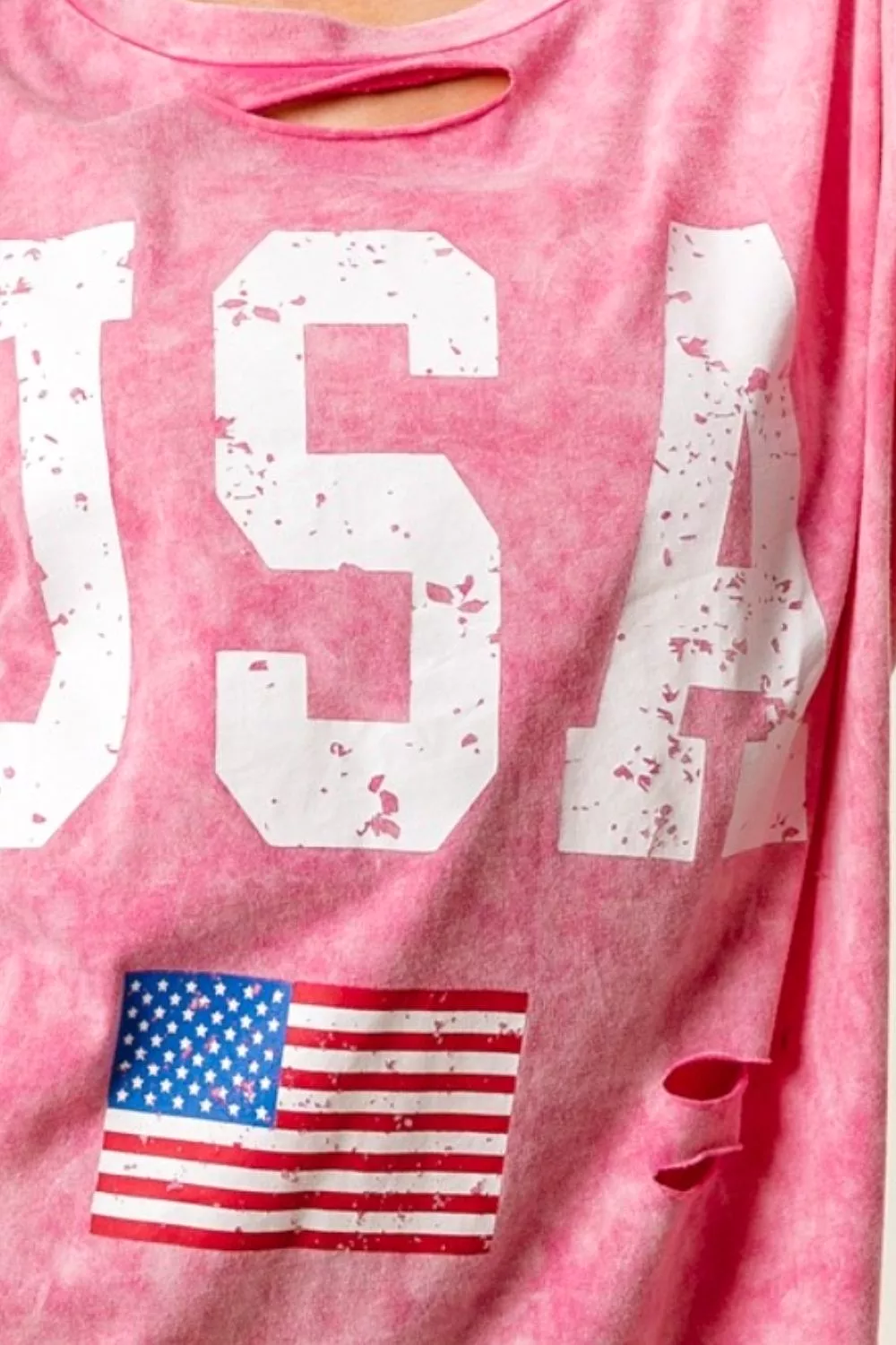 Fuchsia Washed American Flag Graphic Distressed T-Shirt