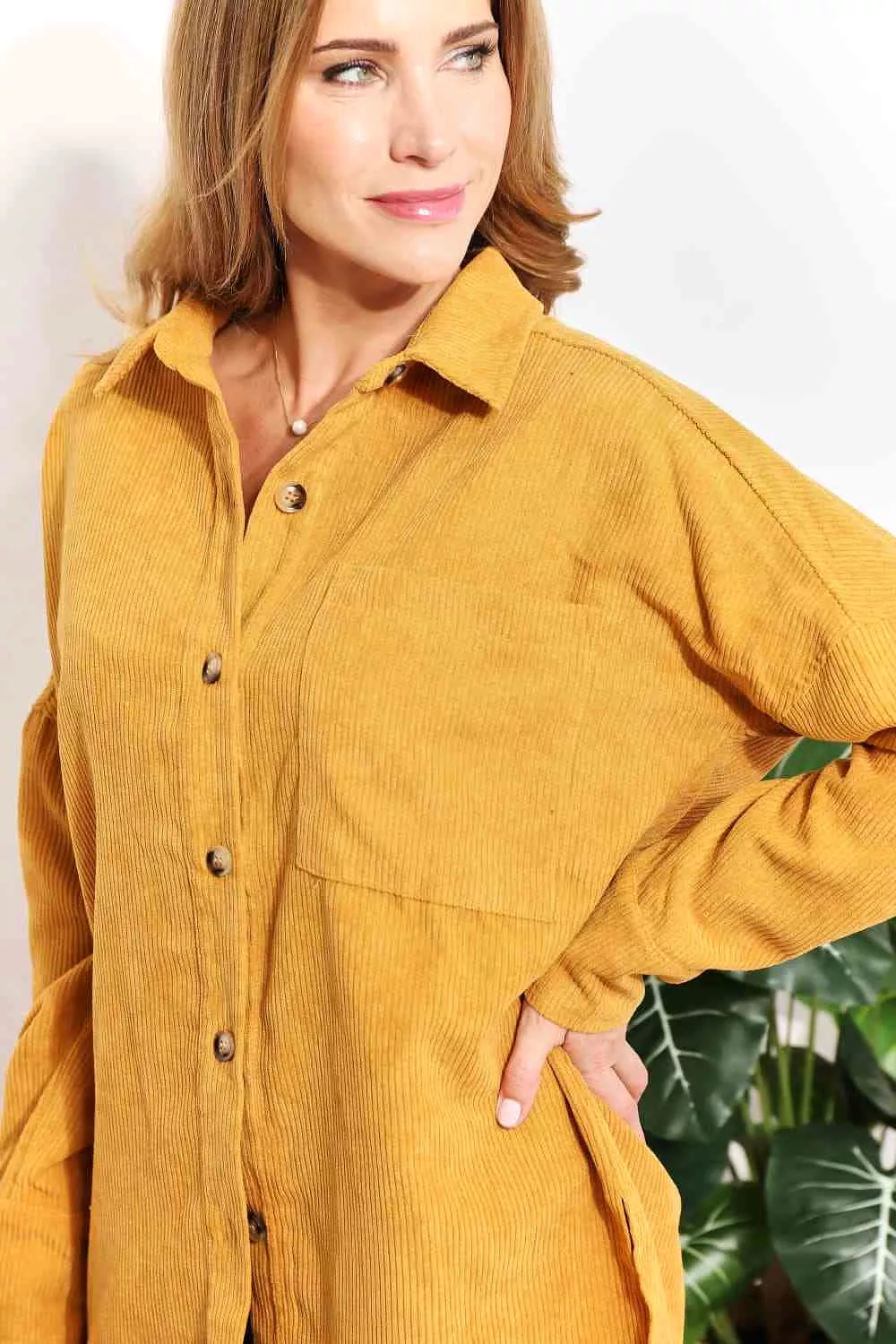 Full Size Oversized Corduroy Button-Down Tunic Shirt with Bust Pocket