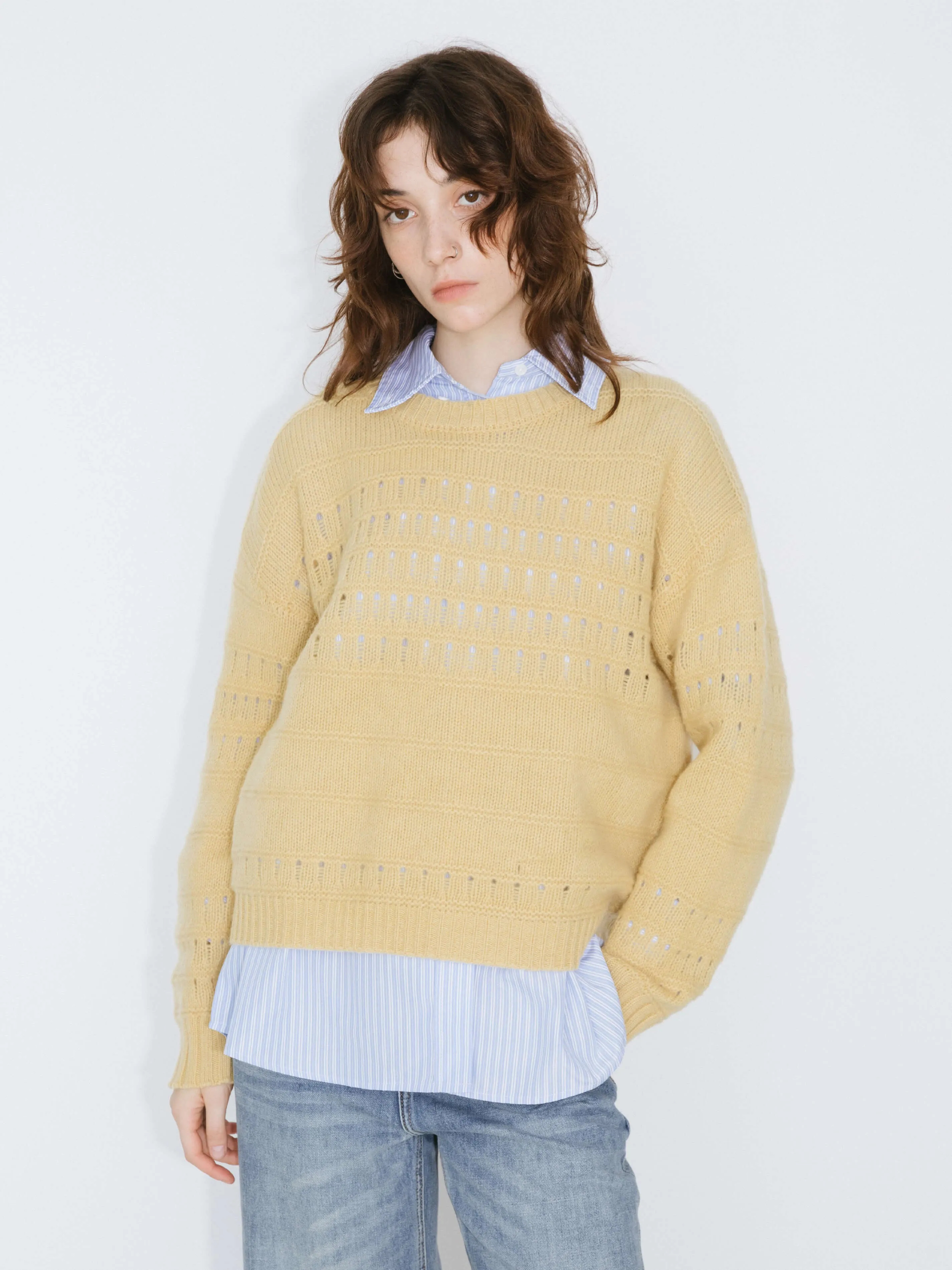 Hollowed 100% Wool Long Sleeves Knit Sweater