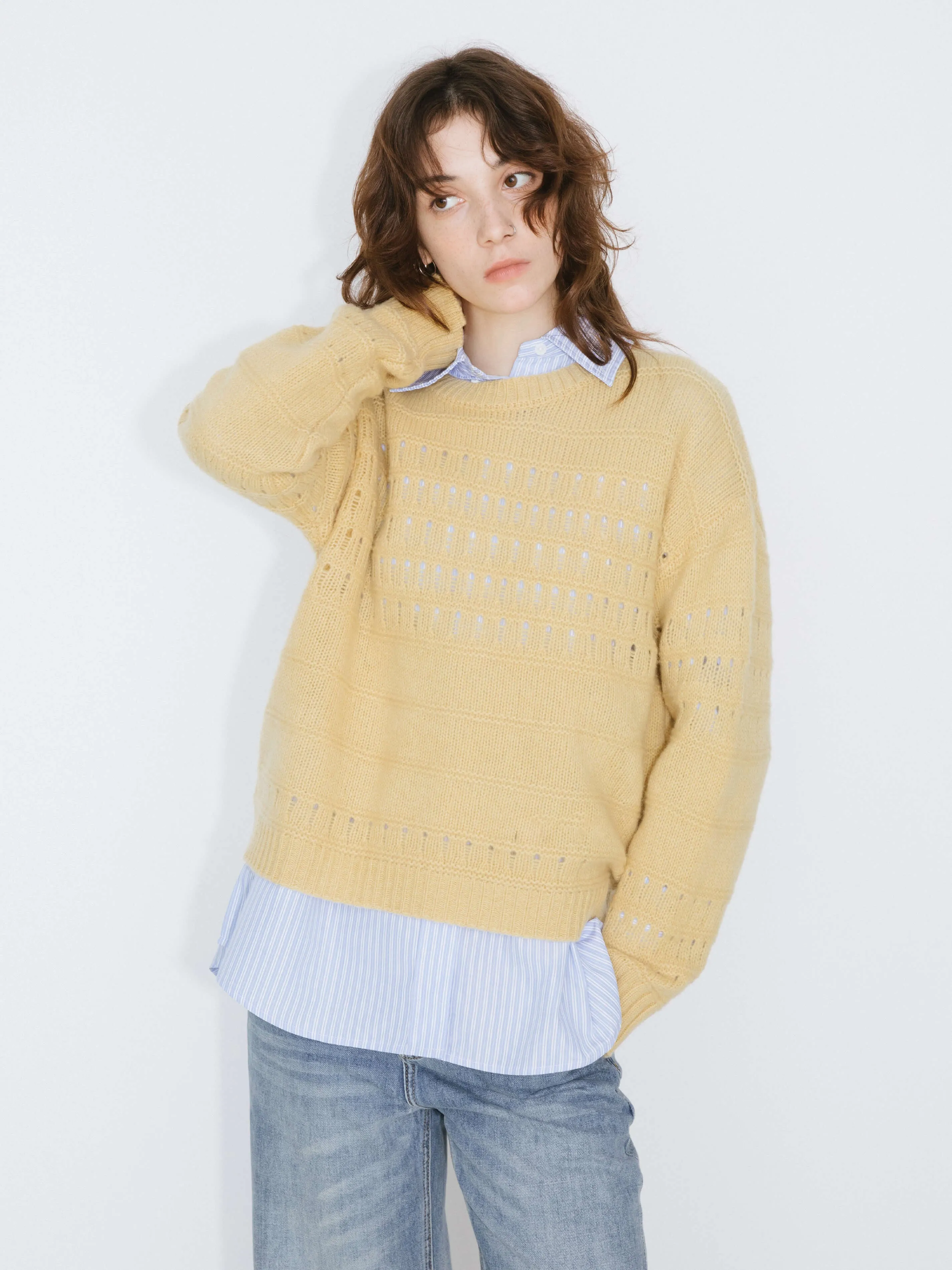 Hollowed 100% Wool Long Sleeves Knit Sweater