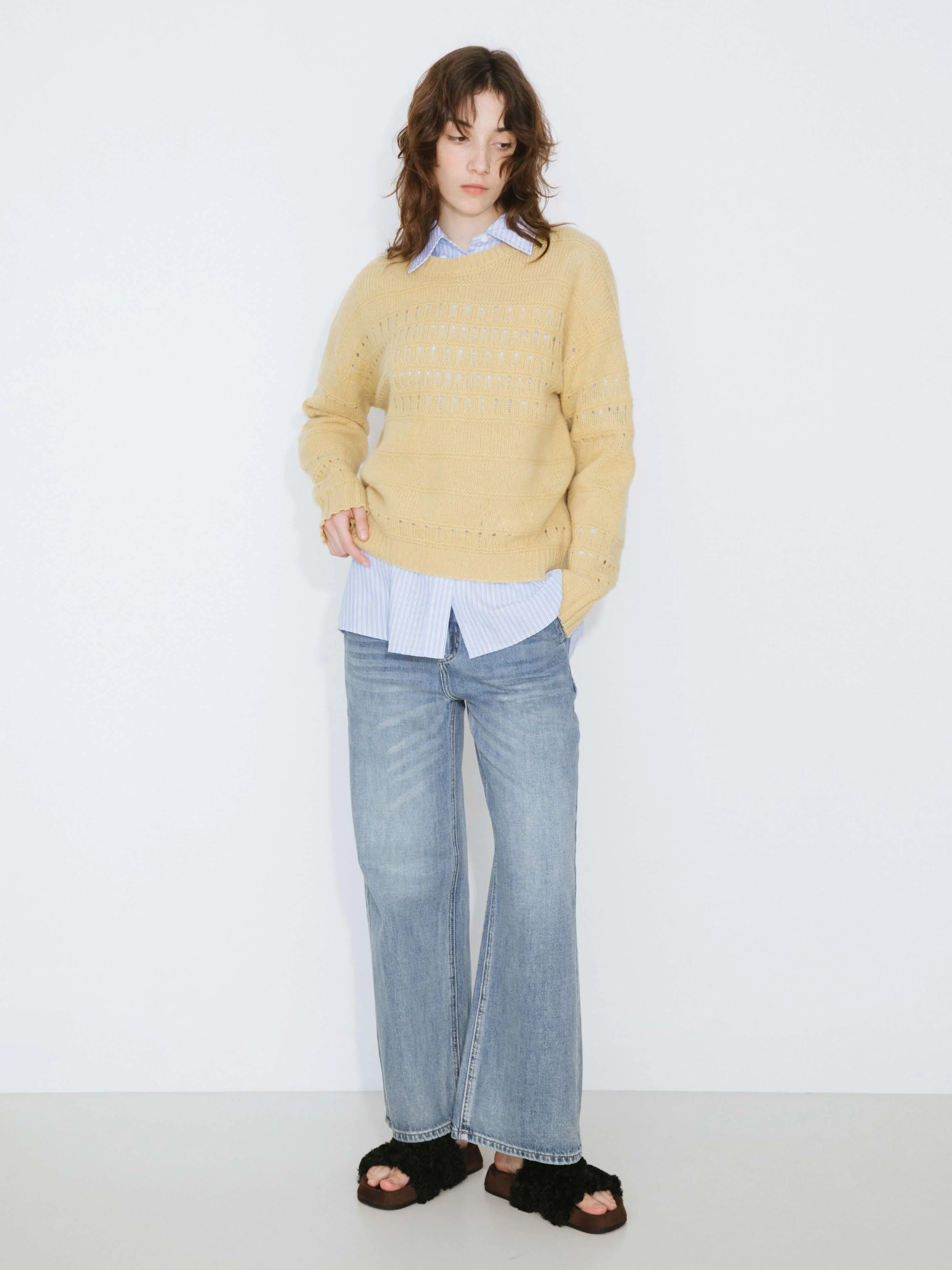 Hollowed 100% Wool Long Sleeves Knit Sweater