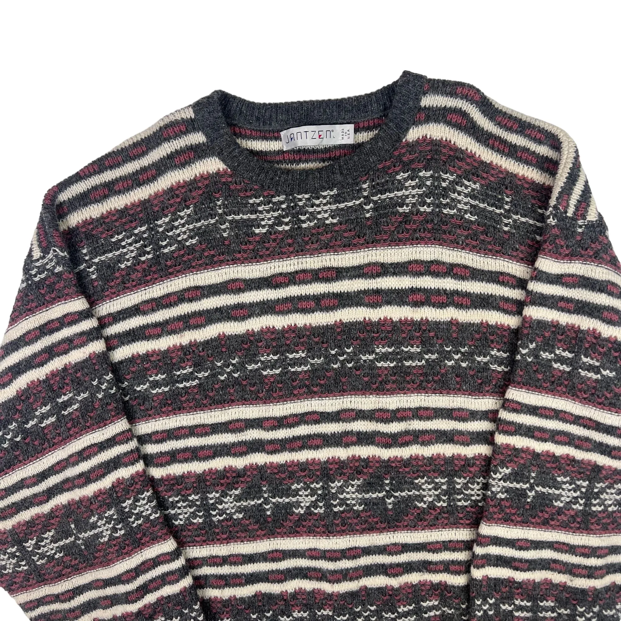 Jantzen Nordic Pattern Roundneck Knit Sweater Grey Pink Cream