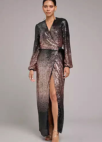 Kaleidoscope Black/Gold Ombre Sequin Wrap Maxi Dress