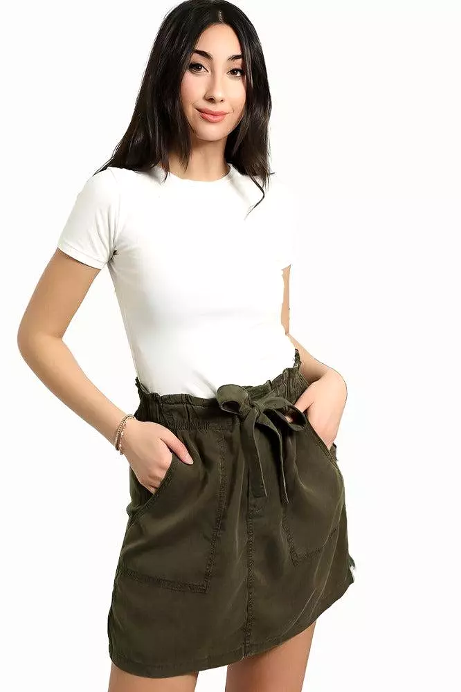 Khaki Belted Skirt With Pockets