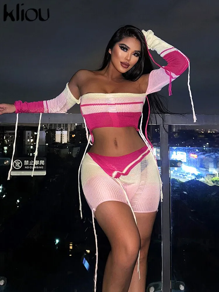 Knitted Panelled Two Piece Set Women Concise Slash Neck Ribbons Full Sleeve Wrapped Chest+Stacked Matching Shorts Outfits